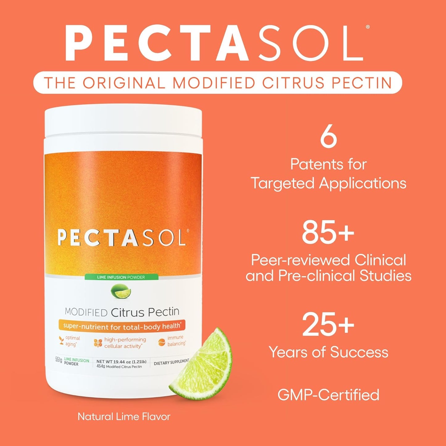 PectaSol Modified Citrus Pectin – 551g Lime Powder – Total-Body Health Supplement to Support Heart, Immune System, Inflammation Response & Healthy Aging + Maintain Healthy Galectin-3 Levels