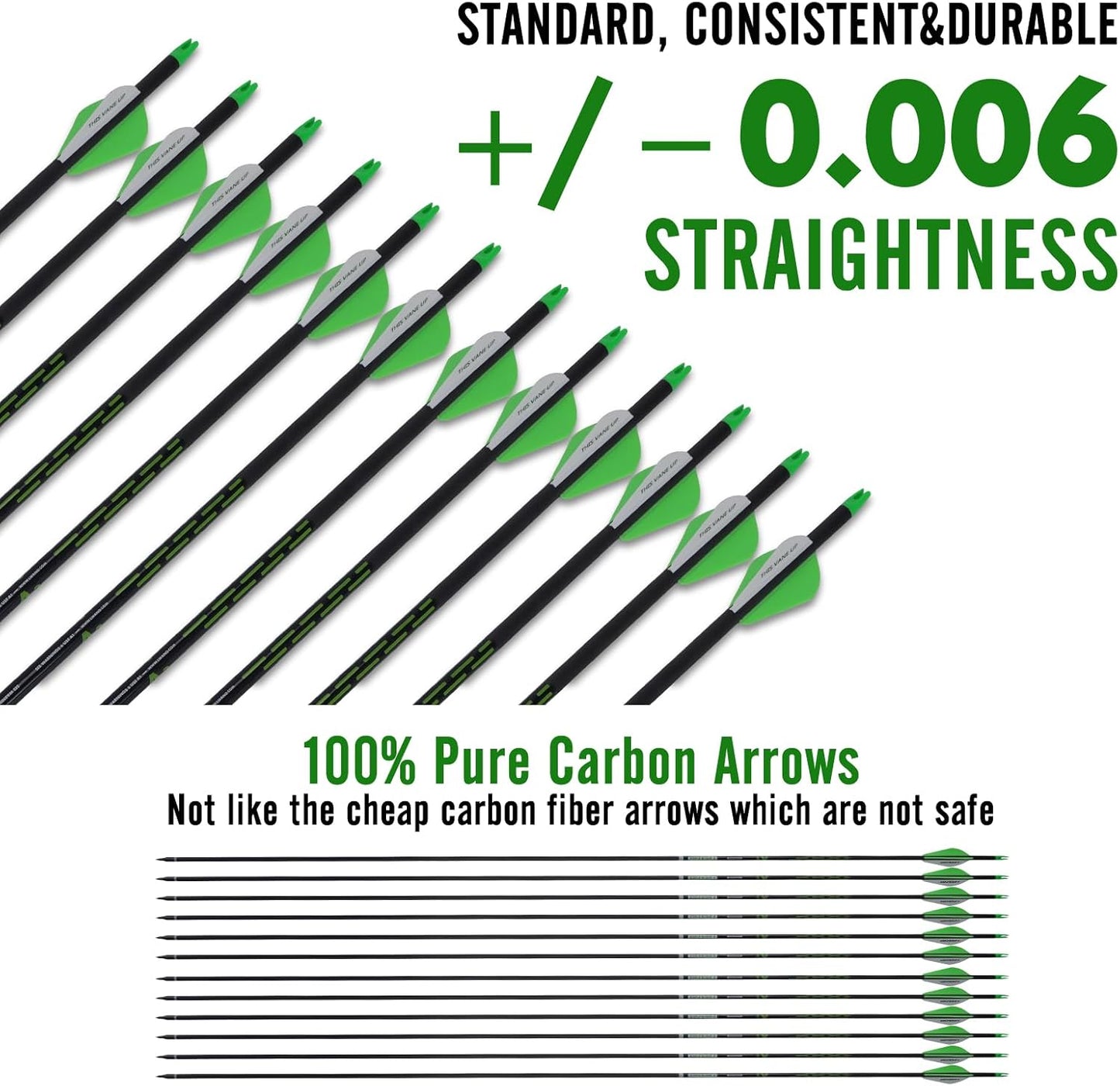 LWANO 32" Carbon Arrows Archery Target Practice Hunting Arrows with Shaft Spine 400 with Removable Tips for Compound & Recurve Bow (Pack of 12)