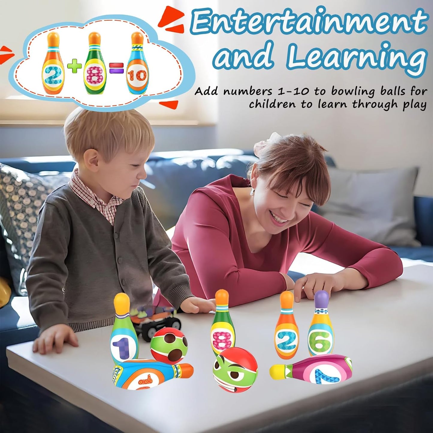 Kids Bowling Set Toy - 10PCS Soft Numbered Pins & 2 Foam Balls for Toddler Boys Girls Age 3-5, Indoor Outdoor Sports Game, Preschool Learning Toy, Birthday Gift for Ages 3 4 5 6