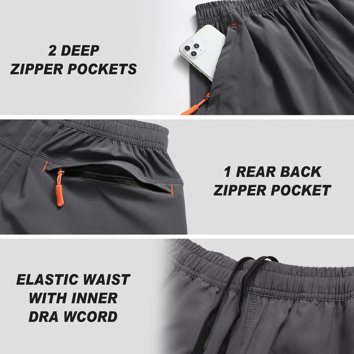 Men's Gym Shorts Sports Quick Dry Workout Running or Casual Training Short with Zipper Pockets