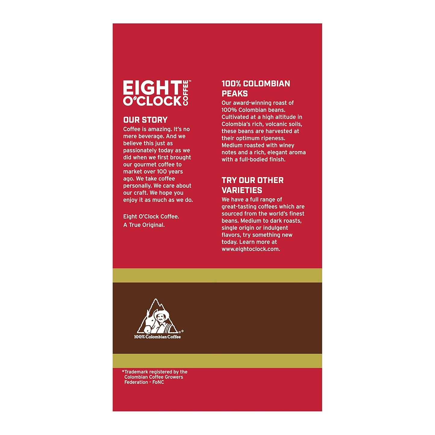 Eight O'Clock Coffee 100% Arabica Colombian Peaks, Medium Roast, Ground Coffee, Kosher Certified, 20 Oz (Pack of 2)