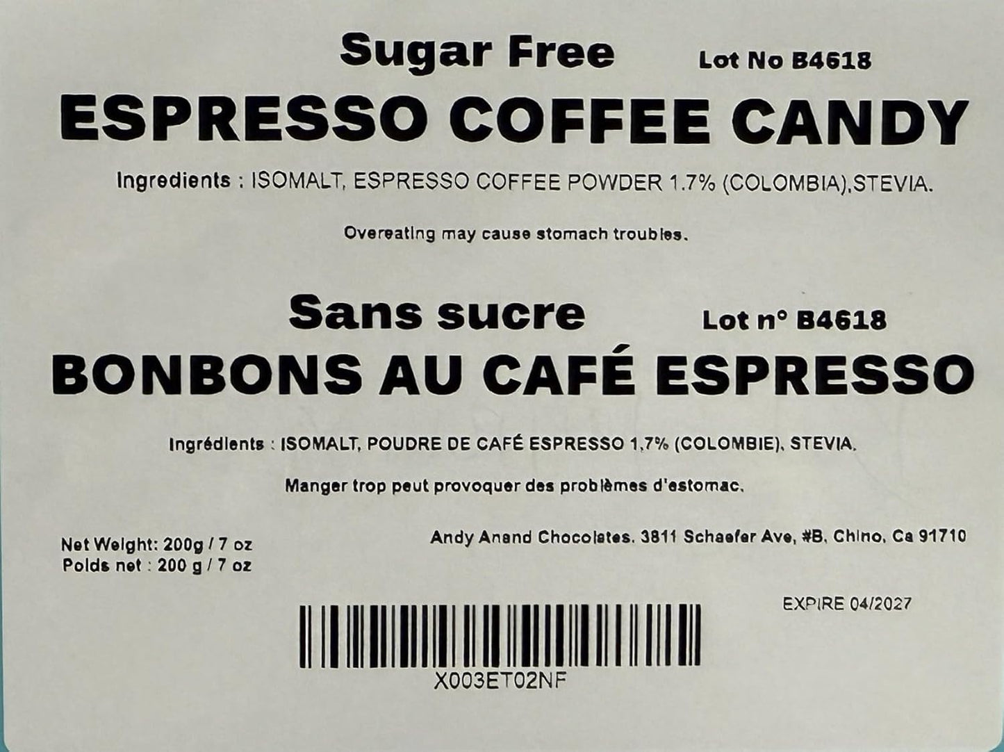 Andy Anand Chocolatier Sugar Free Espresso Coffee Hard Candy - Made in Europe Gluten Free & Diabetic Friendly Coffee Candy, With Real Unique Flavor Hard Candy Individually Wrapped (60 Pcs, 7 Oz)