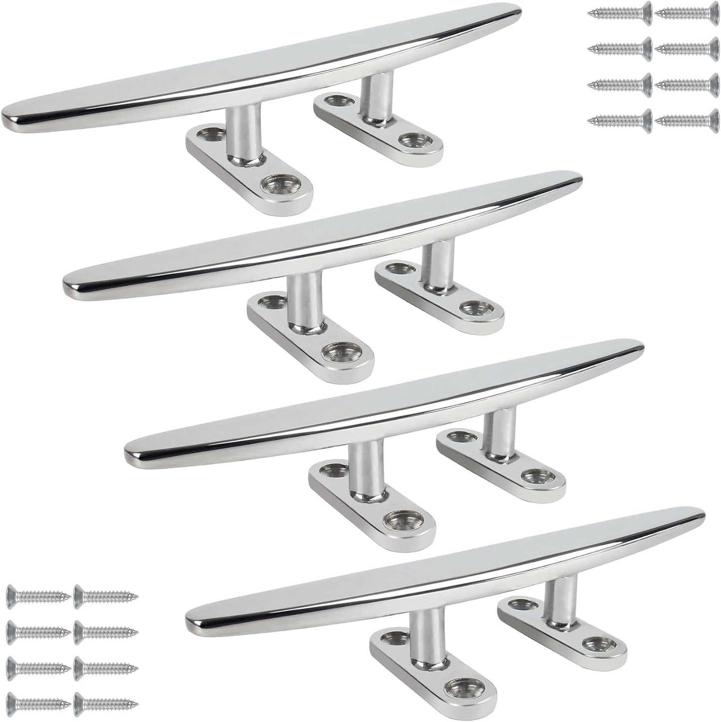 ORLANG 316 Stainless Steel Boat Cleats 5 Inch/6 Inch/8 Inch (3 Size), Open Base Dock Cleats with Fasteners, Boat Dock Cleat Rope Cleat for Boat Docks, Decks or Nautical Decor (4 Pack)
