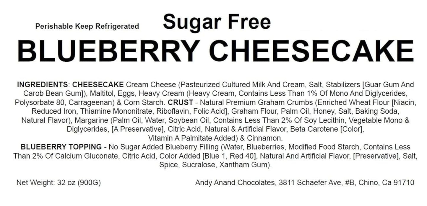 Andy Anand Sugar Free Blueberry Cheesecake 9" - Fresh California Cream Cheese, Amazingly Delicious, Diabetic Friendly, Traditional Recipe Handmade New York Style, Rich & Silky (2 lb)