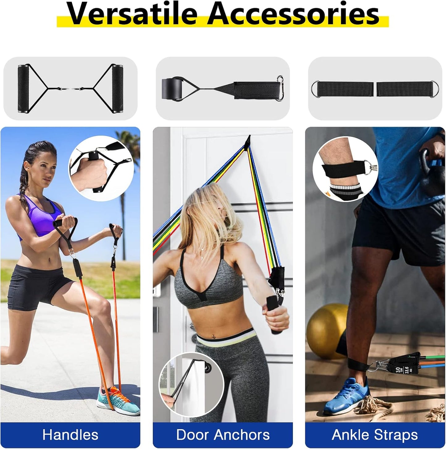 Resistance Bands Set, Workout Bands with Handles, Door Anchor, Ankle Straps and Carry Bag, Exercise Bands for Shape Body and Home Workouts