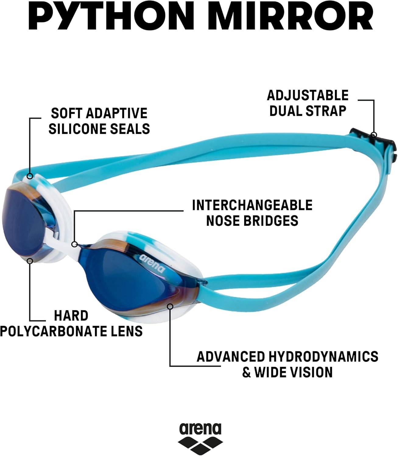 ARENA Unisex Python Racing Swim Goggles for Men and Women Anti-Fog No Leak Max Comfort Dual Strap, Mirror/Non-Mirror Lens