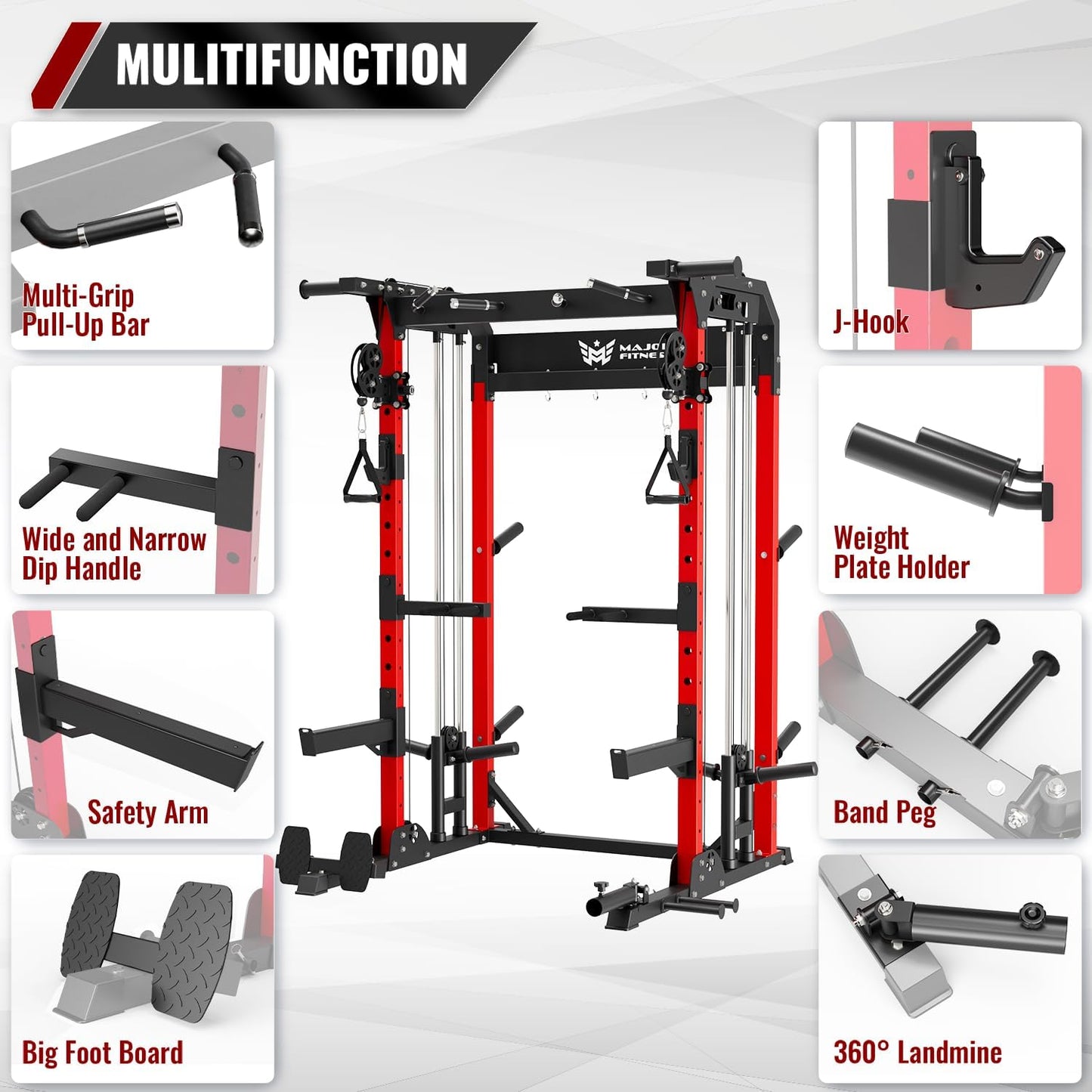 MAJOR FITNESS F22 Multi-Functional Power Rack—1600lbs Capacity All-in-One Squat Rack with Dual Pulley System for Home Gym Strength Training