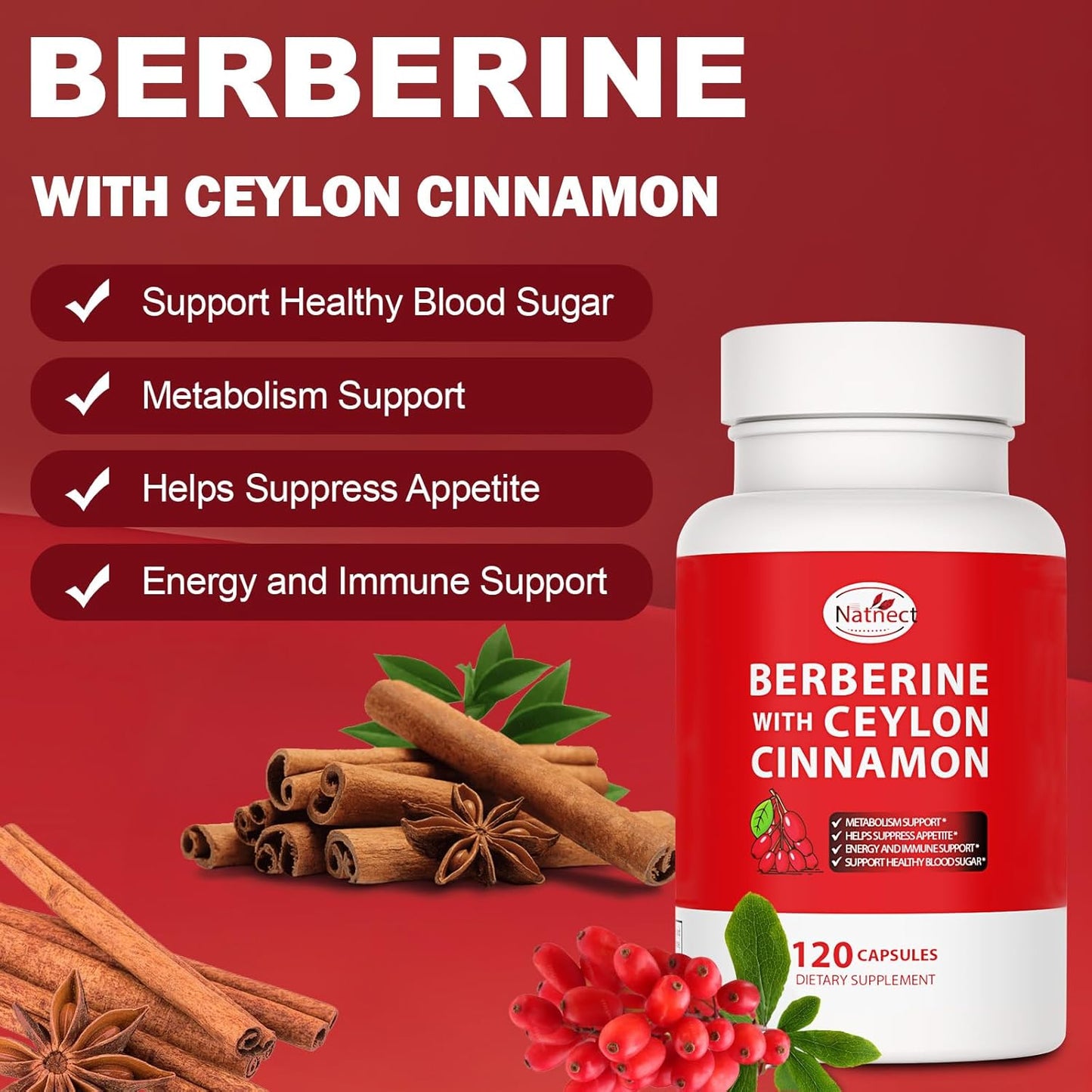 Berberine Supplement with Ceylon Cinnamon, Licorice Extract, Berberine 6X for Healthy Weight Management, Metabolism and Immune Support (120 Capsules)