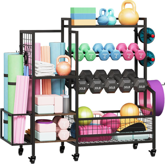 Dumbbell Rack – Adjustable Weight Storage Stand with Hooks for Home Gym, Kettlebells, Yoga Mat and Workout Equipment Heavy Duty Weight Rack with Wheels