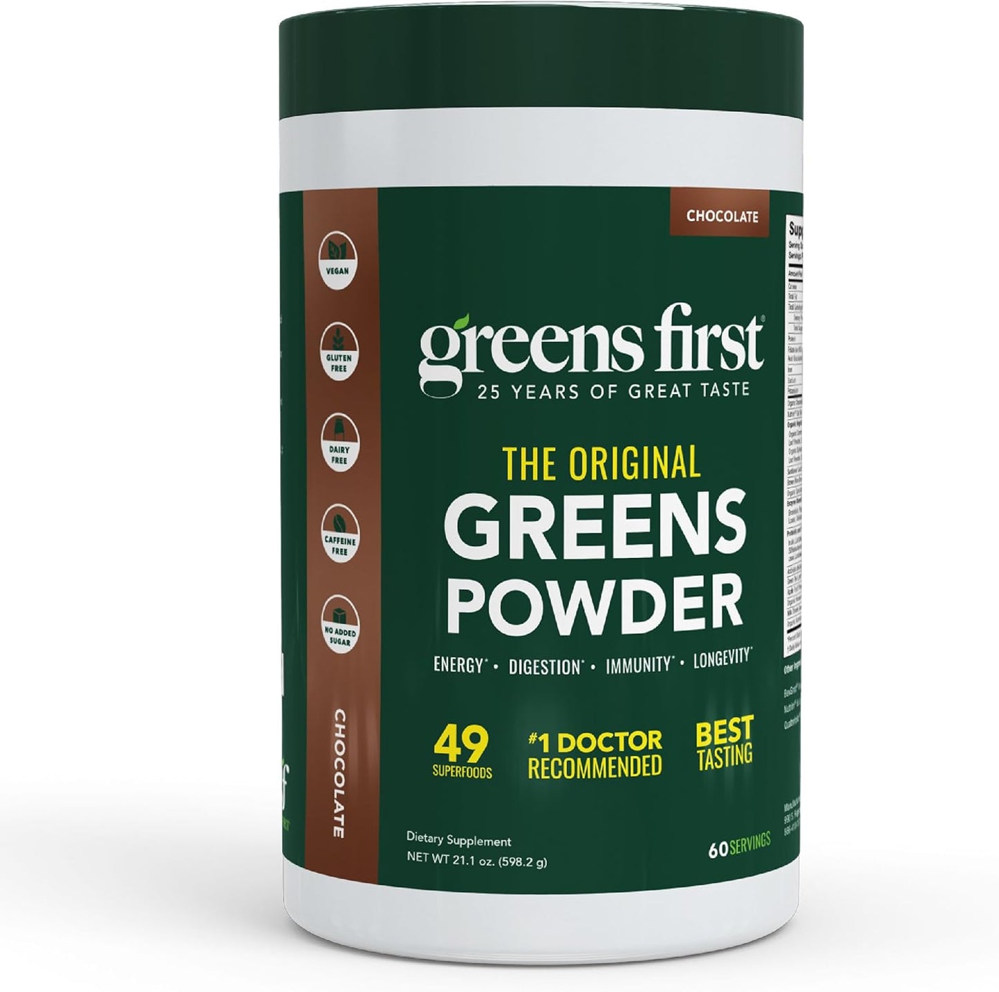 Greens First Original Greens Powder - 49 Superfoods - Organic Fruits & Veggies - Prebiotics, Probiotics, Digestive Enzymes - Antioxidant Smoothie - Dairy Free, Vegan, Non-GMO (Chocolate, 60 Servings)