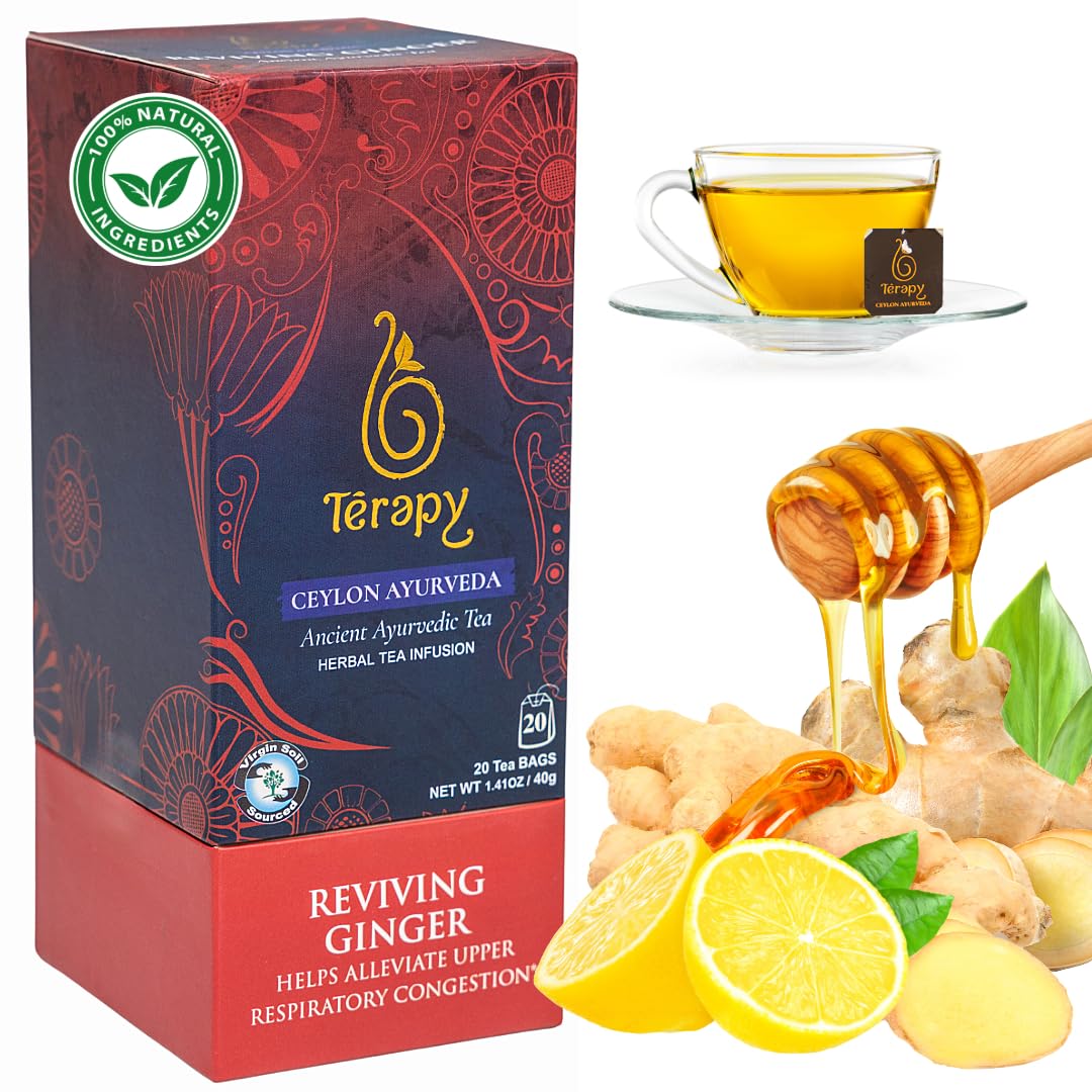 Térapy Ceylon GINGER & HONEY Tea | Organic Herbal Tea Bags | 100% Natural Ayurvedic Ingredients Including Organic Ginger, Wild Bee’s Honey, Ashwagandha & Lemongrass | 20 Individually Wrapped Tea Bags