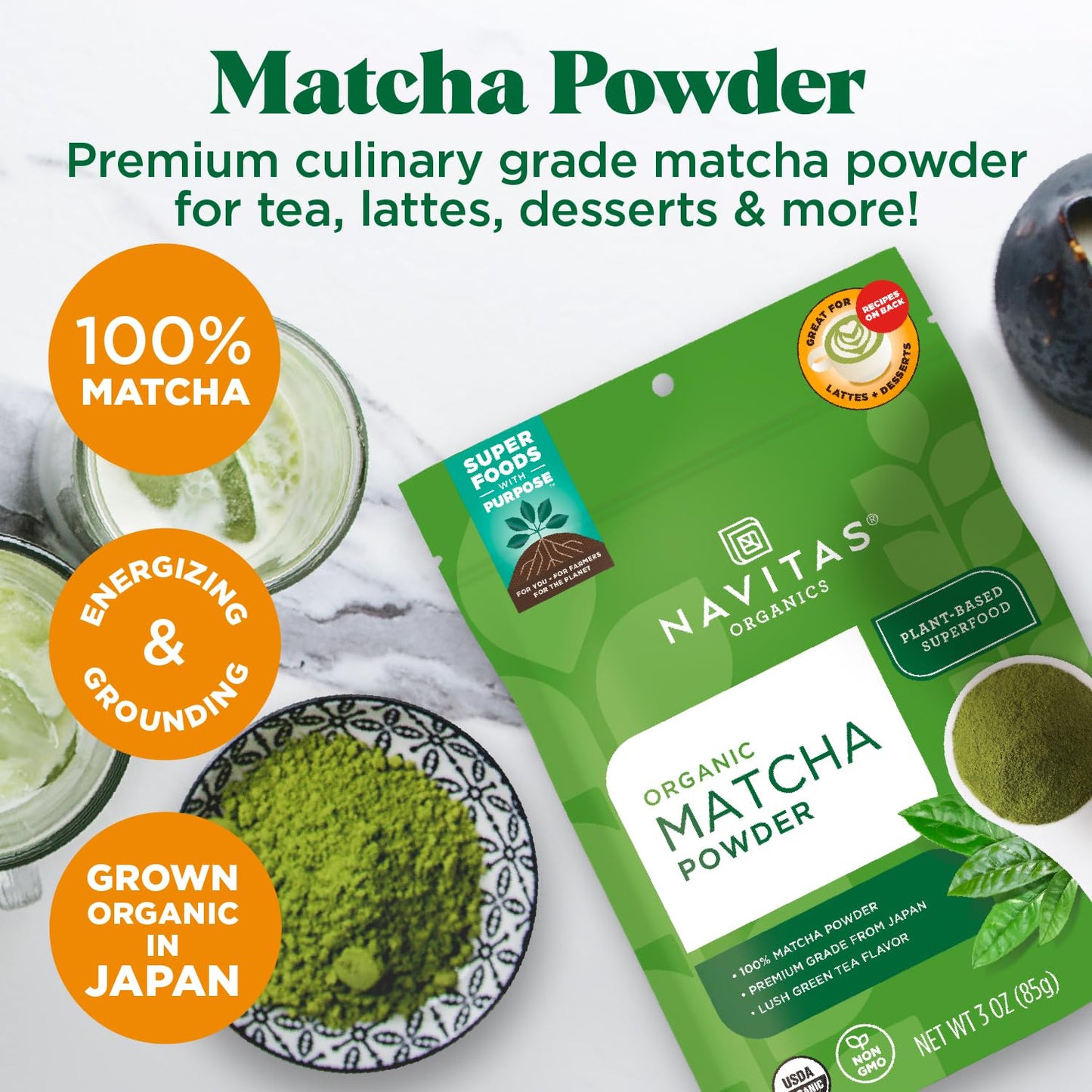 Navitas Organics Matcha Powder – For Tea, Lattes, Smoothies, Desserts & More – Energy & Antioxidants – Premium Culinary Grade – USDA Organic, Non GMO, Gluten Free, Kosher, Vegan (3oz. Bag 85 Servings)