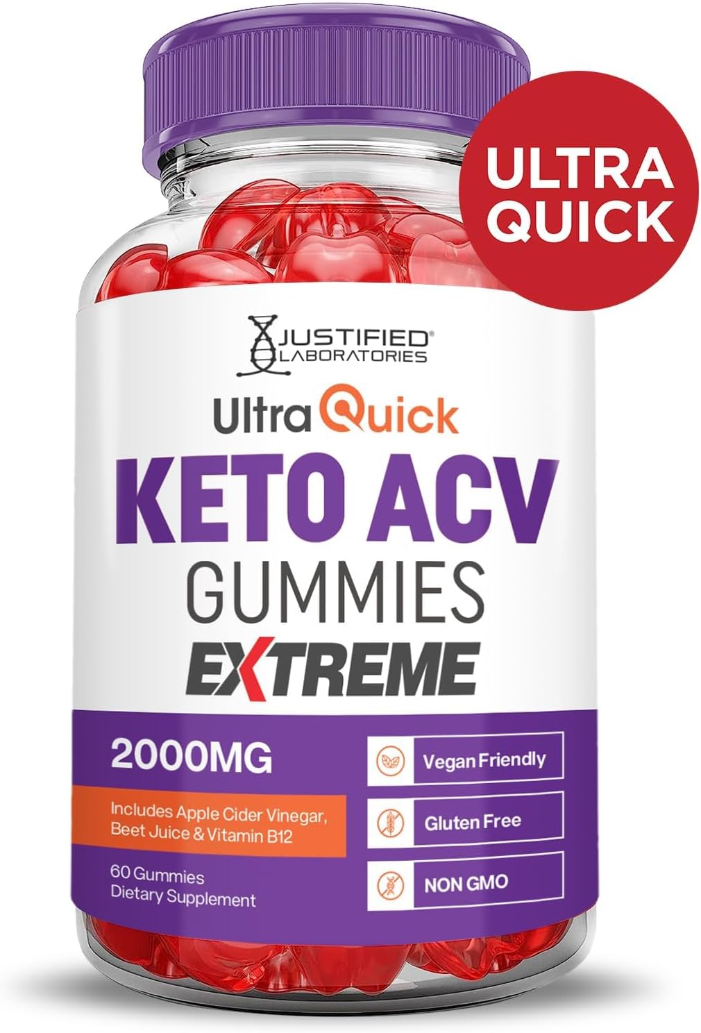 Justified Laboratories Ultra Quick Keto ACV Gummies Extreme 2000MG Ultraquick Keto Gummies Apple Cider Vinegar Formulated with Pomegranate Beet Juice Powder B12 Vegan Non GMO 60 Gummys