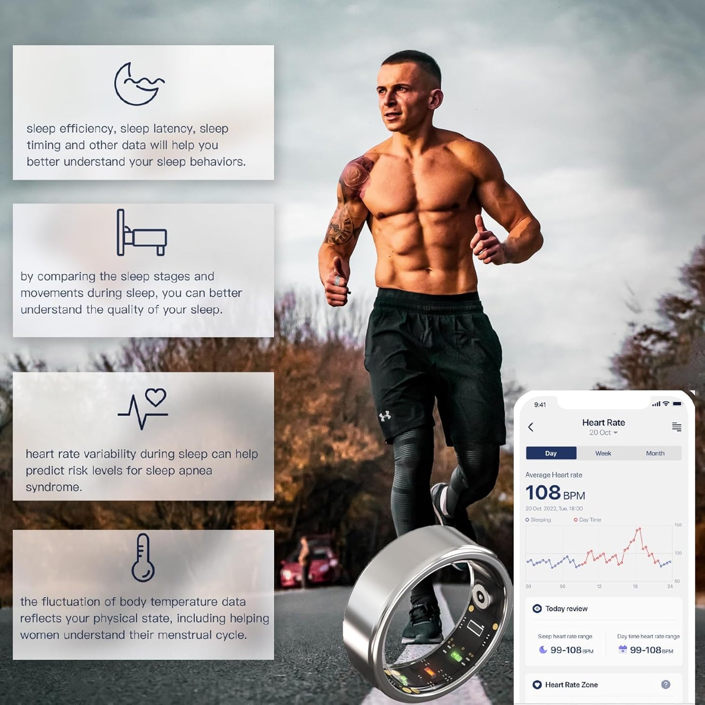 Smart Ring for Women Men Fitness & Sleep Tracker with Heart Rate, SpO2, Stress, Cycle Monitoring, Step Counter, IP68, No Subscription (Gold, #10-62.1mm/2.44")