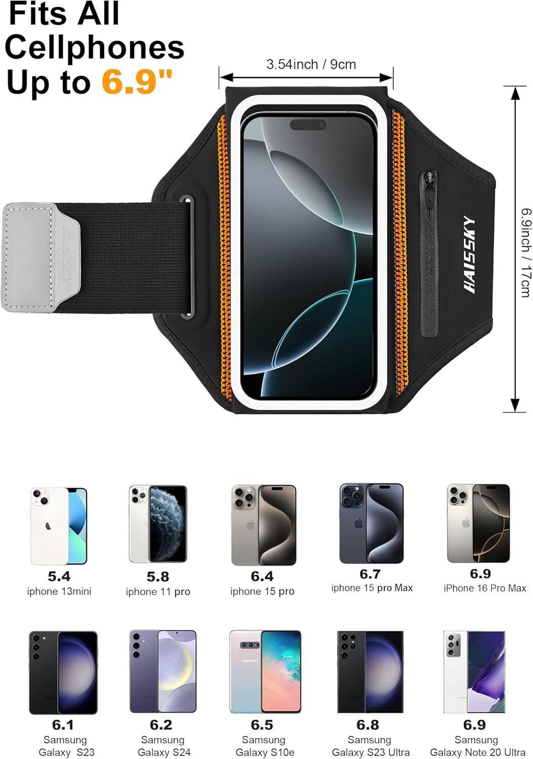 Running Armband with Earphone Bag Cell Phone Armband for iPhone 16 15 Pro 14 Plus 13 11 XR XS, Galaxy S24/S10 Water Resistant Sports Phone Holder Case & Zipper Slot Car Key Holder for 6.9 inch Phone
