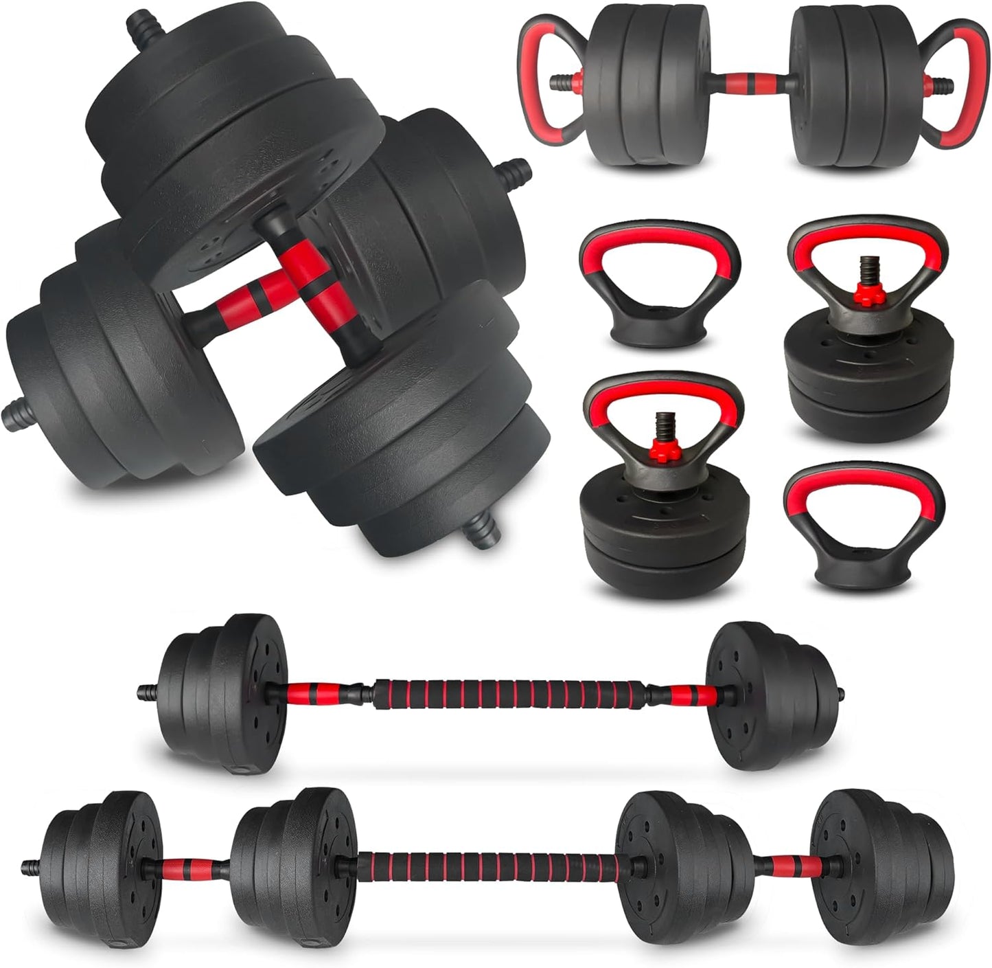 Adjustable Dumbbell Set 25/45/75/90LB, Changeable Dumbbell Set with Connecting Rod 4 in1 Dumbbells Set Used as Barbell, Kettlebells, Push up Bar, Fitness Exercises for Home Gym Suitable Men/Women