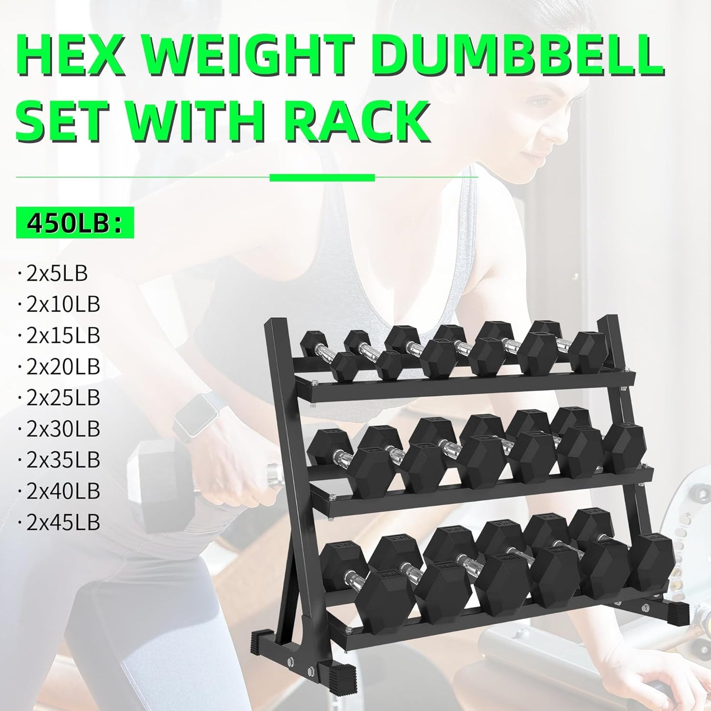Ritafer Hex Weight Dumbbell Set with Rack Hand Weights for Strength Training Rubber Coated Dumbbells for Home Gyms Exercise & Fitness Training Muscle 5/10/15/20/25/30/35/40/45/50 lbs