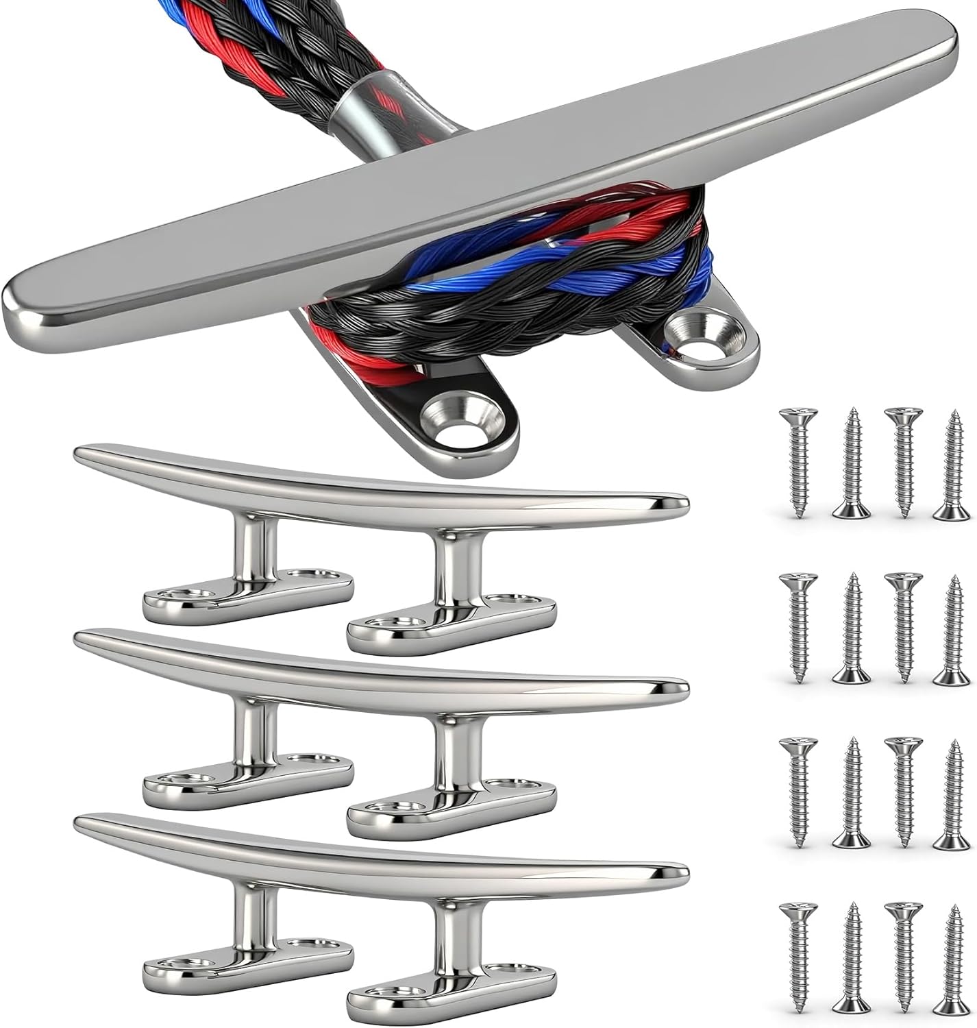 5/6/8 inch Dock Cleats - 316 Stainless Steel Boat Cleats Boat Dock Cleats,Open Base Flat Top Dock Cleat with Fasteners,Rope Cleat Boat Cleat for Deck/Nautical Decor(2,4,6Pack)