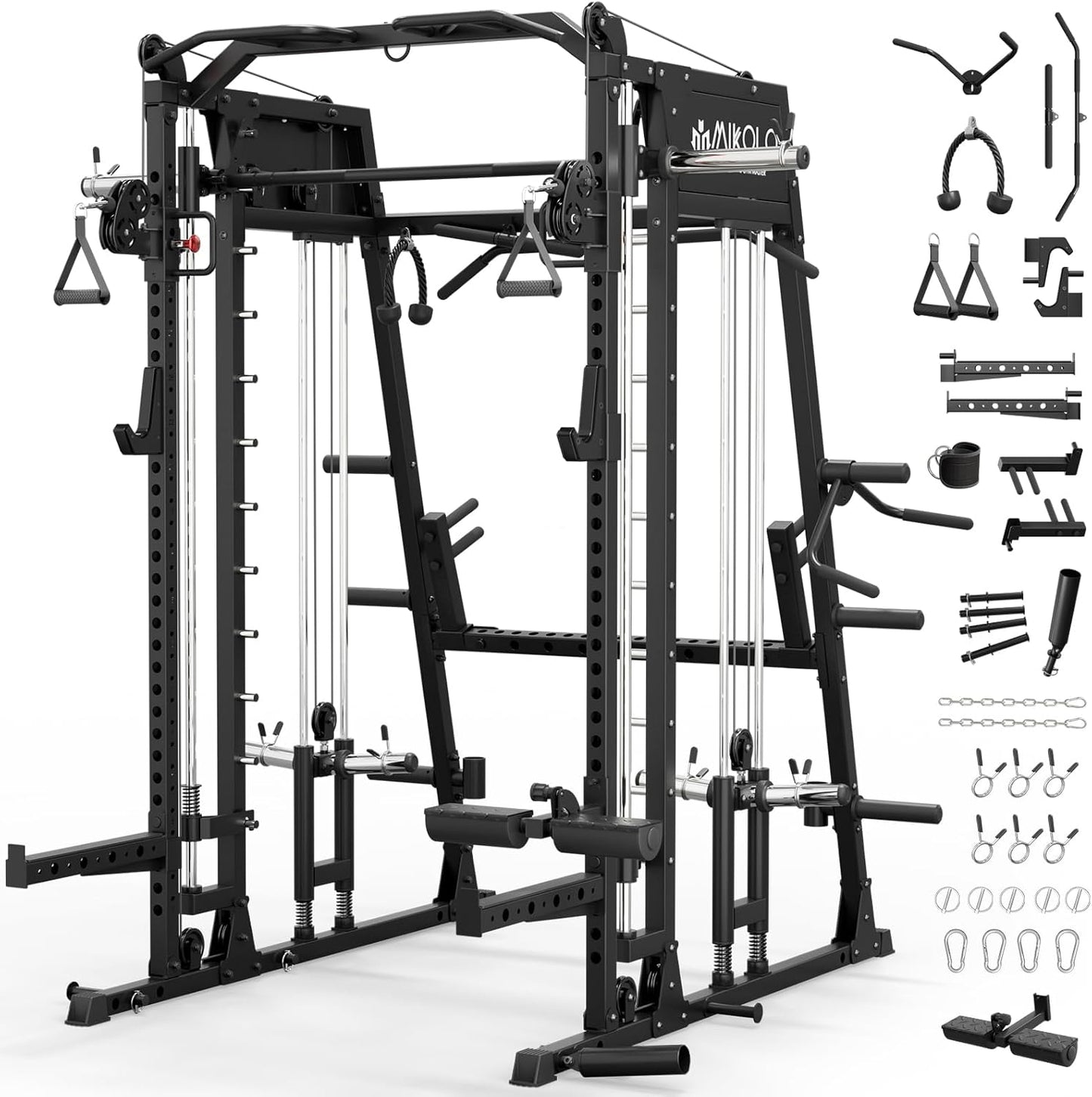Mikolo Smith Machine, 2200lbs Squat Rack with LAT-Pull Down System & Cable Crossover Machine, Training Equipment with Leg Hold-Down Attachment
