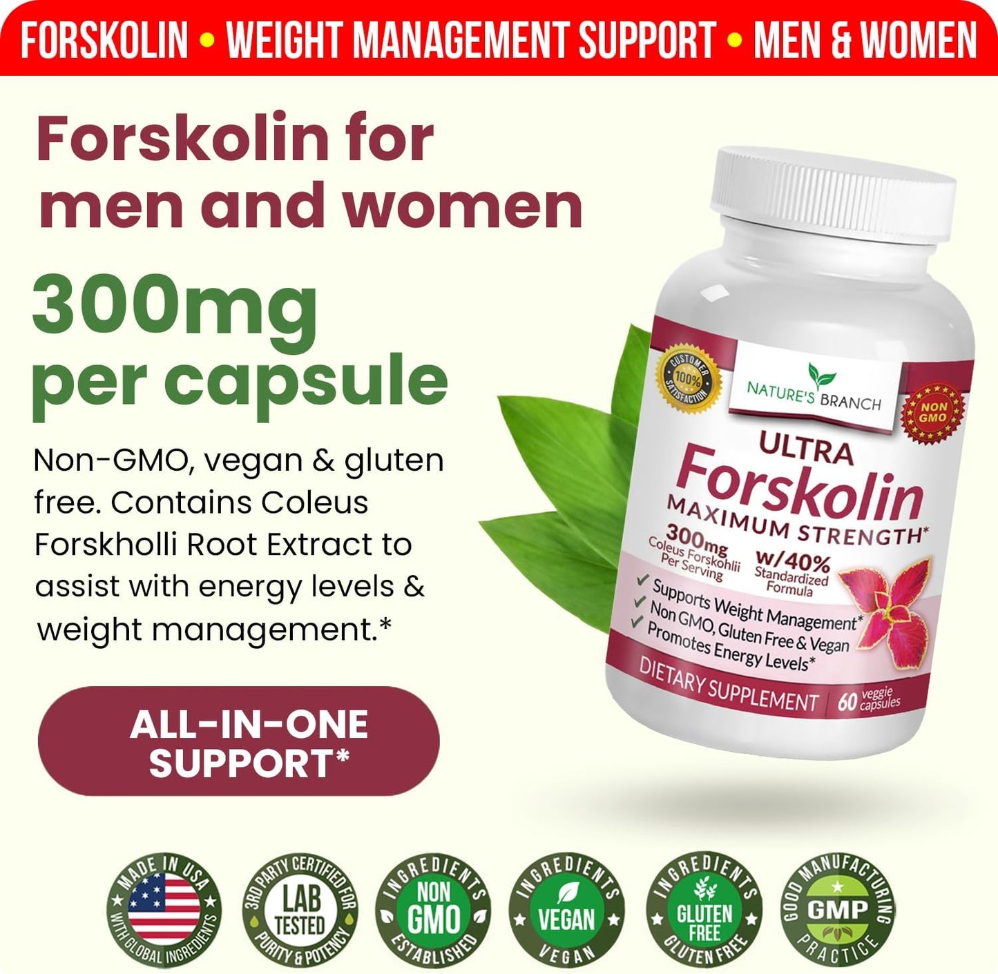 Ultra Pure Forskolin for Weight Management Maximum Strength | Coleus Forskohlii Root Extract Powder, 40% Standardized Lean Supplement for Men & Women | Premium Extreme Boost Complex - 60 Capsules