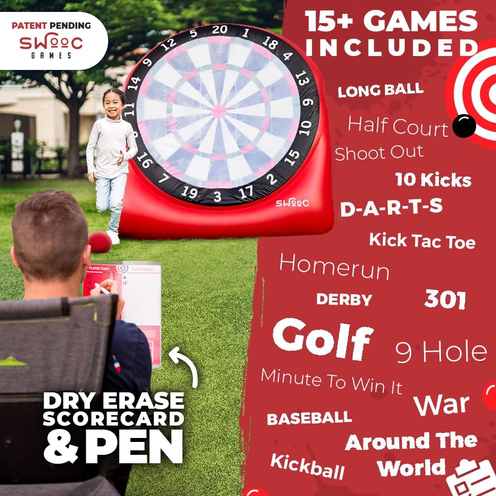 SWOOC Games - Inflatable Giant Kick Darts (15+ Ways to Play) - Jumbo Soccer Dartboard w/Air Pump - Big Carnival Games - Giant Outdoor Games - Oversized Dart Board Yard & Lawn Game for Kids & Adults