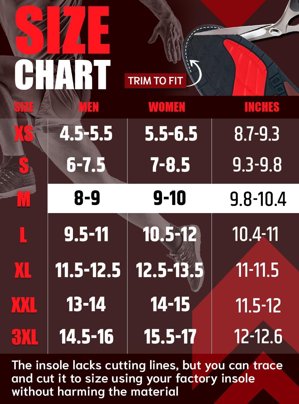 Flex Fit Sport Insoles - Medium Arch Support Inserts - Running Insoles for Sneackers - Shoe Inserts for Men and Women (Red, M)