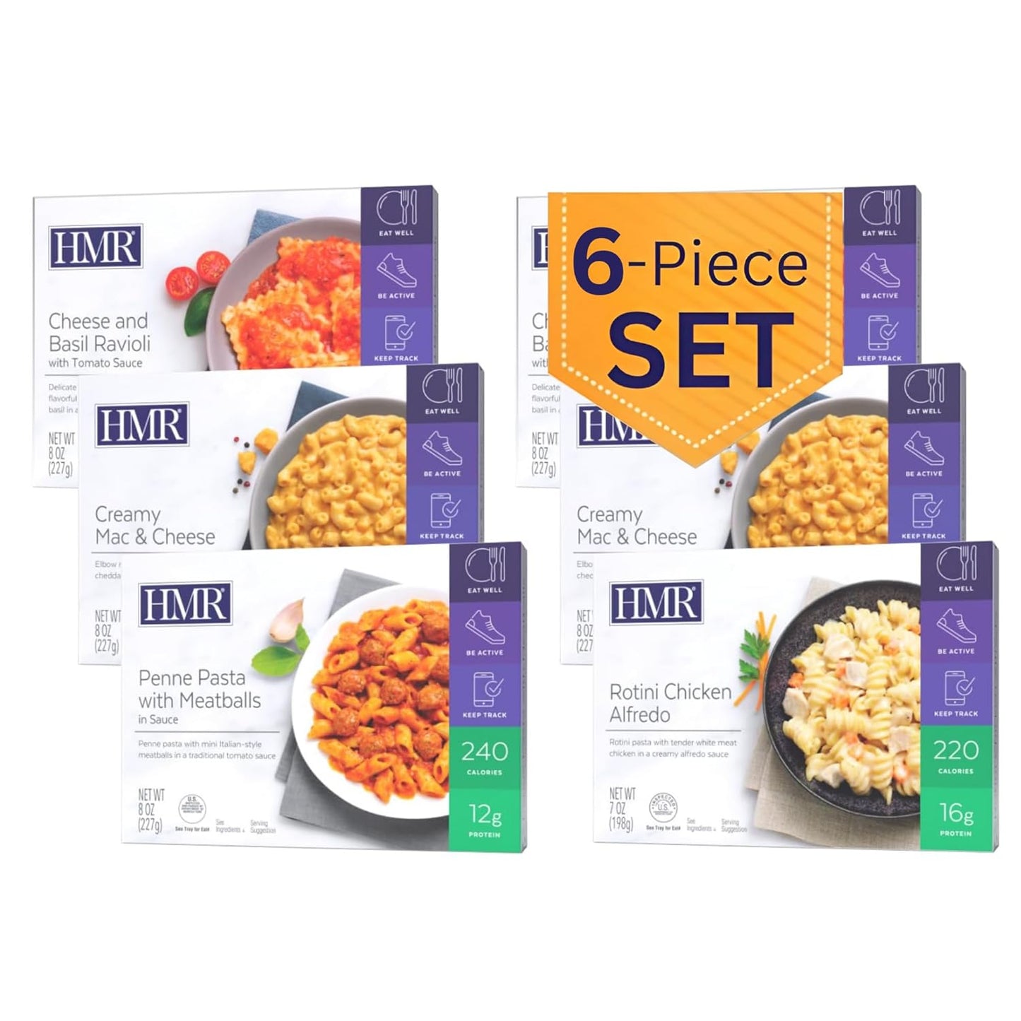 HMR Pasta Classics Entree Bundle 1 ea Penne Pasta w/Meatballs, 1 ea Rotini Chicken Alfredo, 2 ea Cheese & Basil Ravioli, and 2 ea Creamy Mac & Cheese, 7-8 oz, 6 Ready to Eat Meals