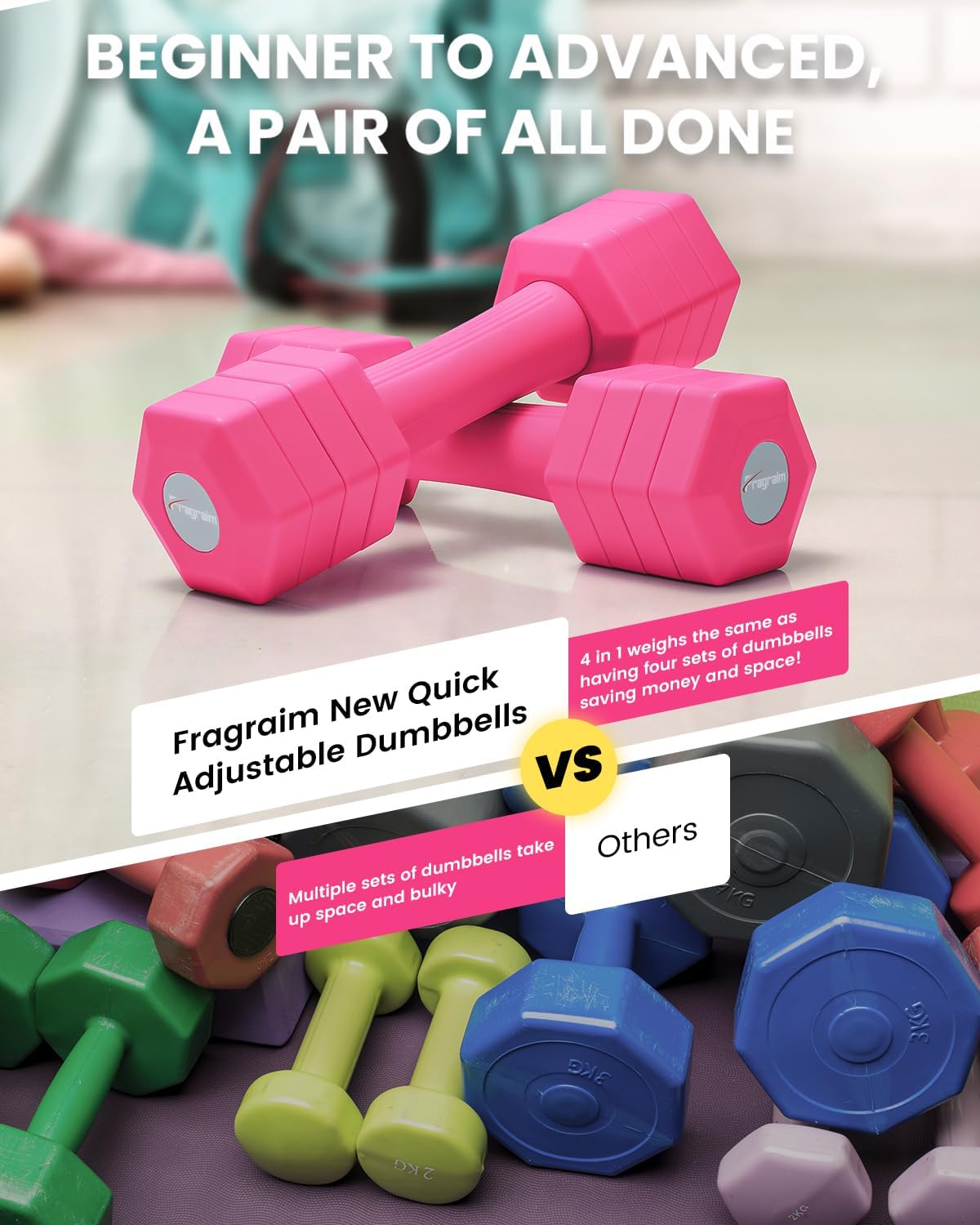 Adjustable Dumbbells Set, 4 in 1 Hand Weights Set for Women Men 10 LB/ 12 LB Dumbbell Pair Each 2lbs 3lbs 4lbs 5lbs Weights Dumbbells Set with TPU Soft Rubber Handle for Home Gym Exercise Fitness