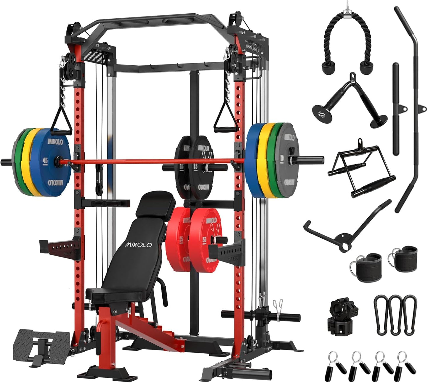 Mikolo Power Cage, 2000LB Power Rack with Independent Dual Pulley System, Multi-Function Home Gym Workout Machine for Cable Crossover