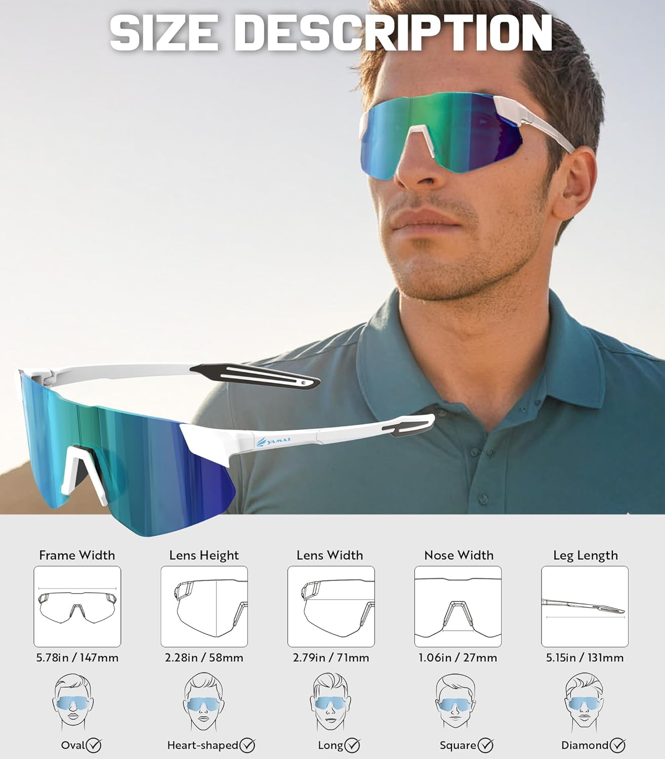 YAMAS Sport Sunglasses for Mens Womens, Wrap around Sunglasses, Non-Slip Nose Pads for Climbing and Running, UV400 Protection