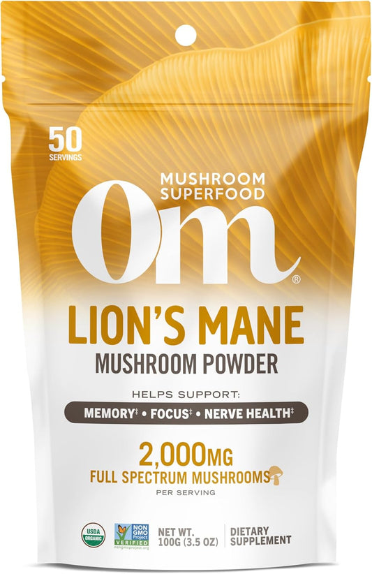 OM MUSHROOM SUPERFOOD Lion's Mane Organic Mushroom Powder, Improves Memory, Focus, Clarity, Nerve Health, and Mood Support, 3.5 oz, 50 Servings Powder Supplement Pouch
