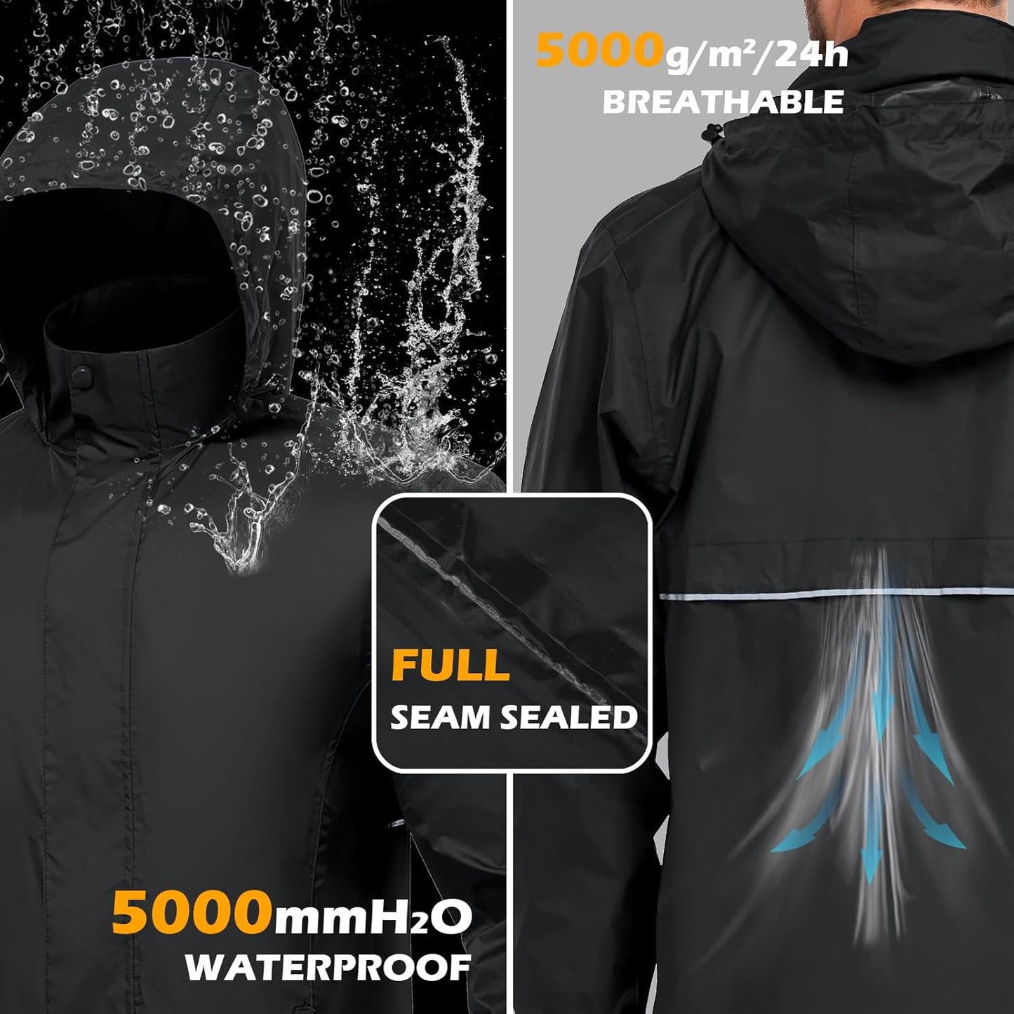 MANSDOUR Men's Packable Rain Jacket Waterproof Lightweight Windbreaker Cycling Golf Hiking Reflective Raincoat with Hood