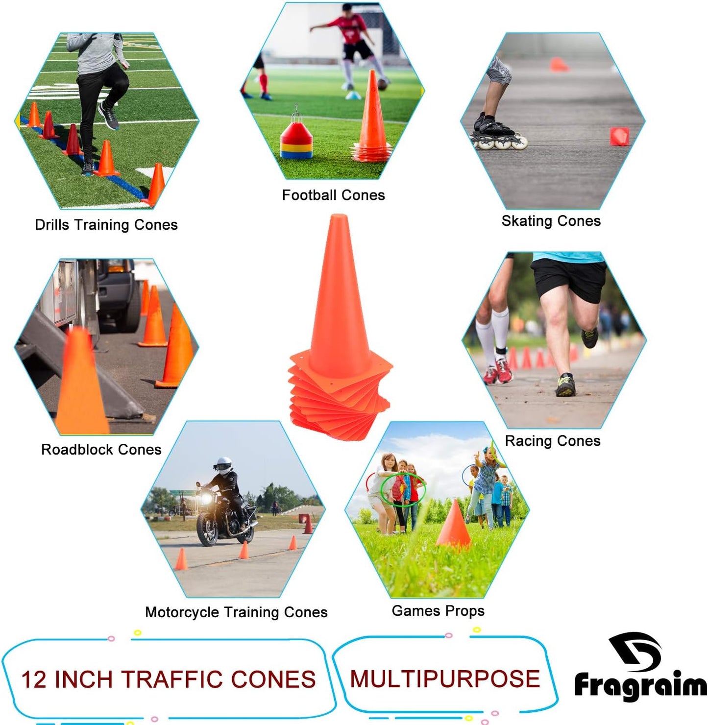 12 Inch Traffic Training Cones, Plastic Safety Parking Cones, Agility Field Marker Cones for Soccer Basketball Football Drills Training, Outdoor Sport Activity & Festive Events - 6 Colors