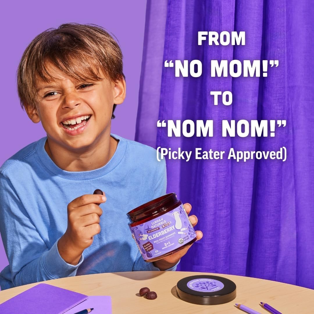 Llama Naturals Elderberry Gummies for Kids, Vegan, Organic Immune Support Supplement with Vitamin C and Zinc, Toddler Real Fruit Gummy Vitamins for Immunity, Chewable, No Added Sugar Cane, 60 Ct