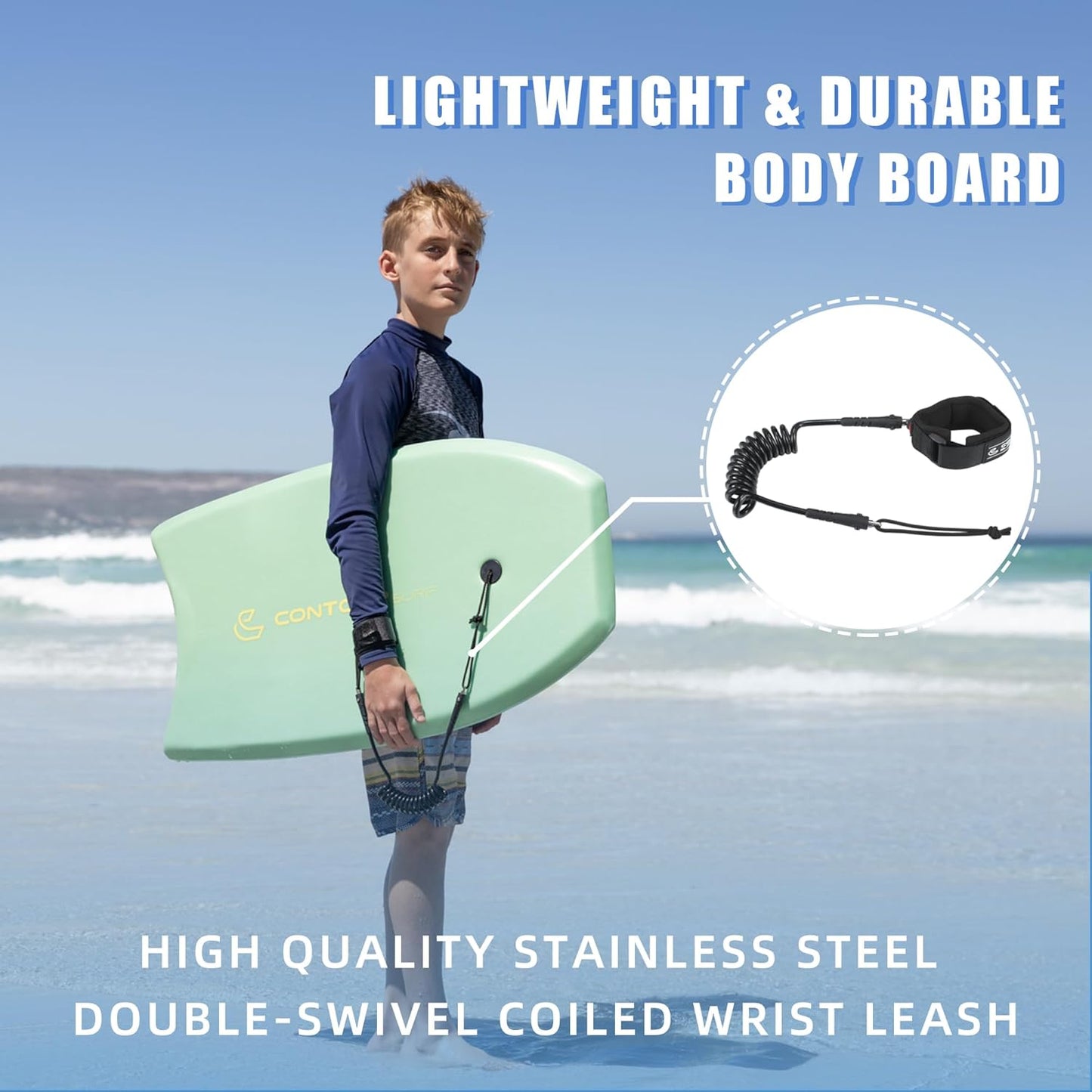 Reed Body Board 33 Inches Bodyboard Body Boards for Beach Kids Lightweight EPS Core Dual Channel Double Swivel Coiled Wrist Leash for All Surfing Levels
