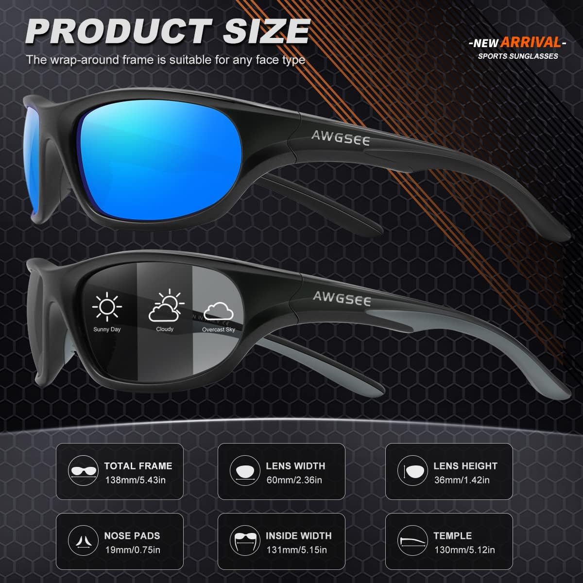 Polarized Sports Sunglasses for Men,TR90 Unbreakable Frame Sunglasses for Fishing Driving Cycling UV400 Protection