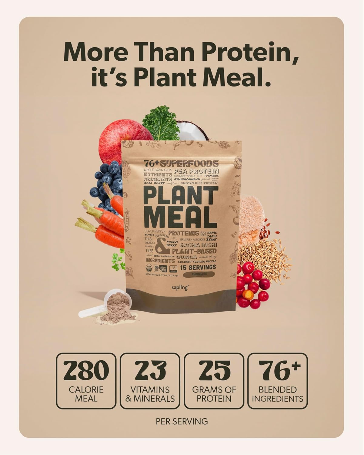 Plant Meal Replacement Shake - Chocolate - 25g of Plant Based Vegan Protein Powder, 76+ Organic Superfoods, Vitamins & Minerals, Mushrooms, Super Greens, Digestive Enzymes & Probiotics - 15 Servings