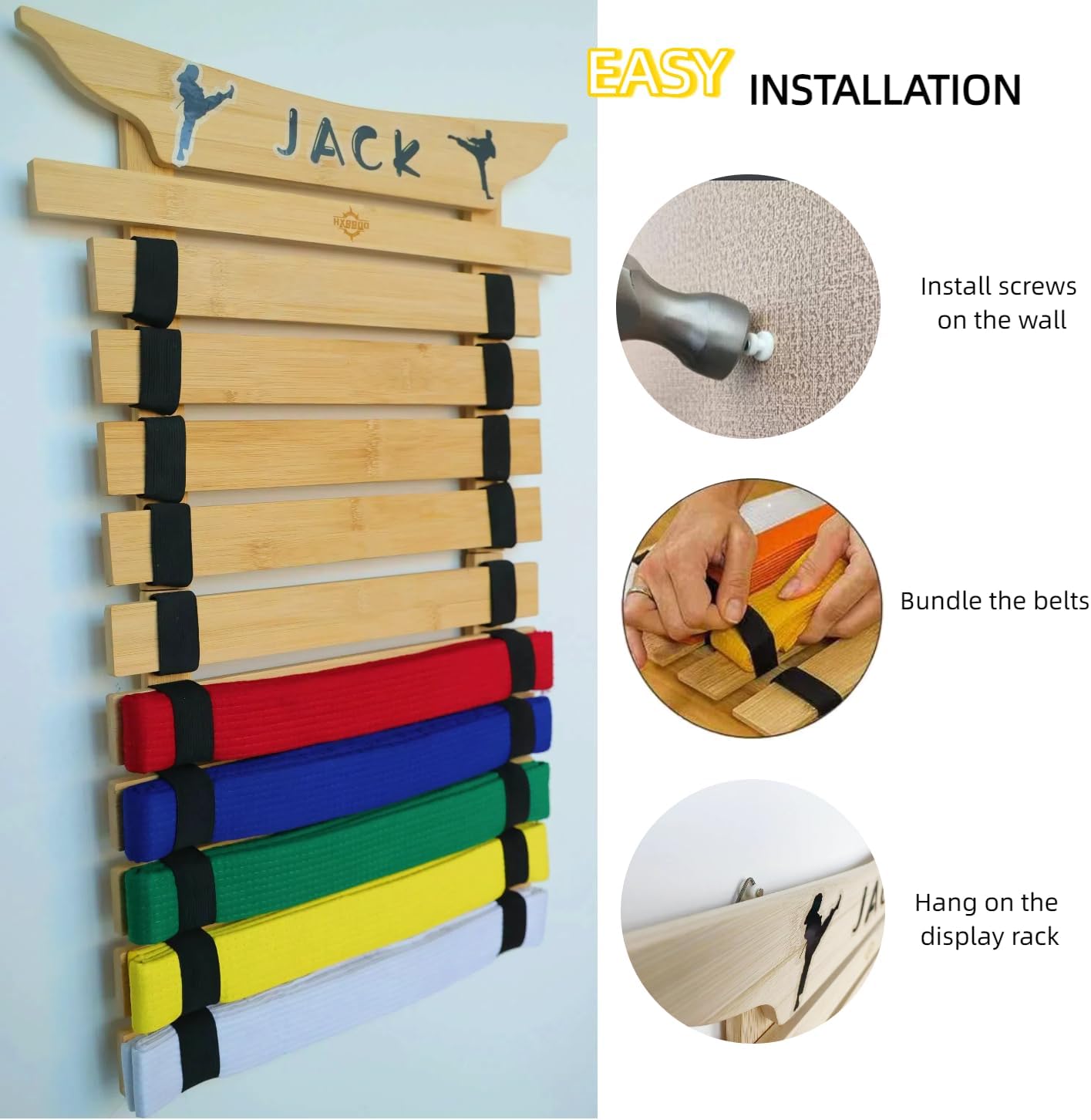 Martial Arts Belt Display Rack, Wooden Wall Mount, Karate and Taekwondo Belt Holder