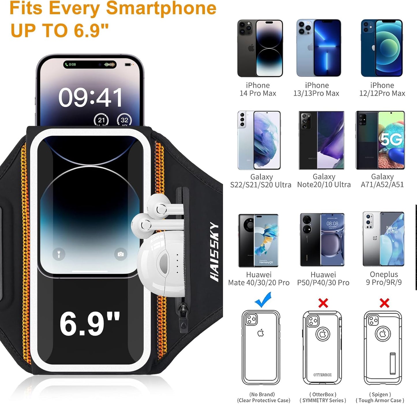Running Armband with Earphone Bag Cell Phone Armband for iPhone 16 15 Pro 14 Plus 13 11 XR XS, Galaxy S24/S10 Water Resistant Sports Phone Holder Case & Zipper Slot Car Key Holder for 6.9 inch Phone