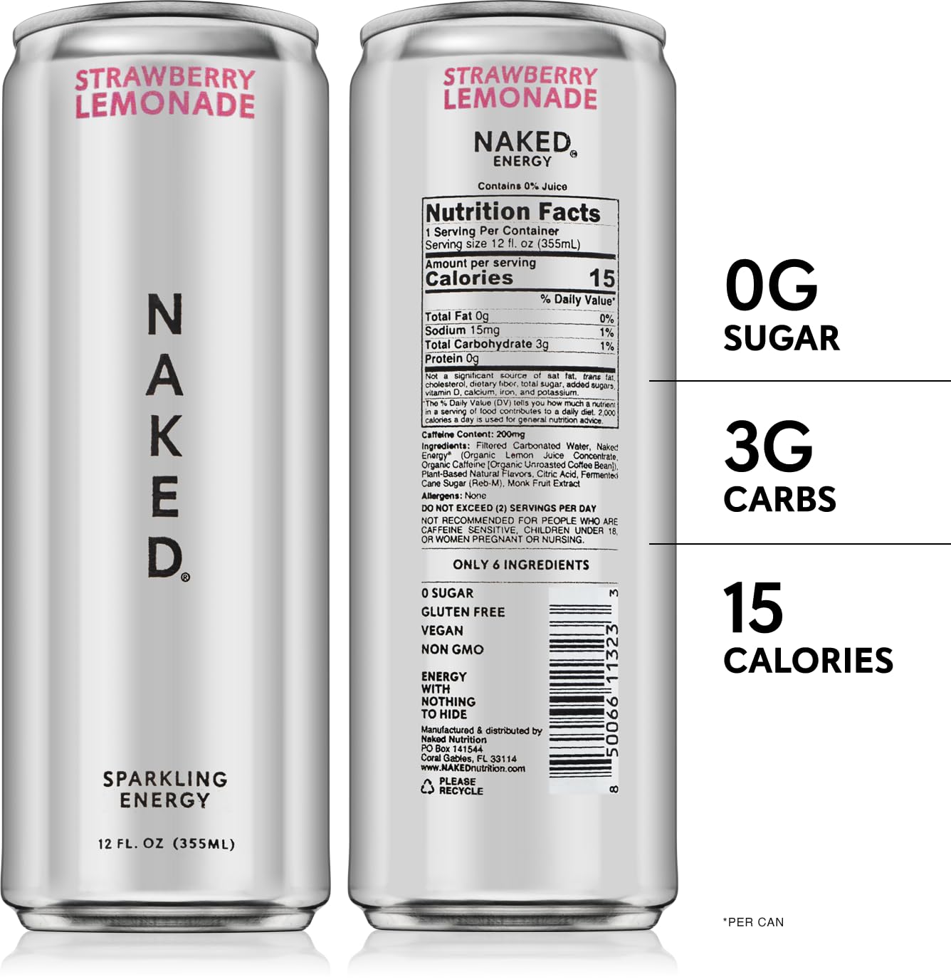 Naked Sparkling Energy Drink - Strawberry Lemonade, Organic Caffeine, Organic Lemon Juice, Zero Sugar, No Sucralose, Naturally Sweetened, Natural Energy Drinks, Vegan, Gluten-Free, Non-GMO - 12oz Cans (Pack of 12)
