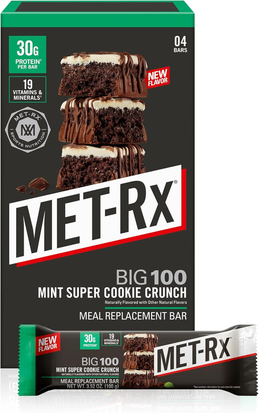 MET-Rx Big 100 Colossal Protein Bars, Mint Super Cookie Crunch, Meal Replacement Bars, 4 Count