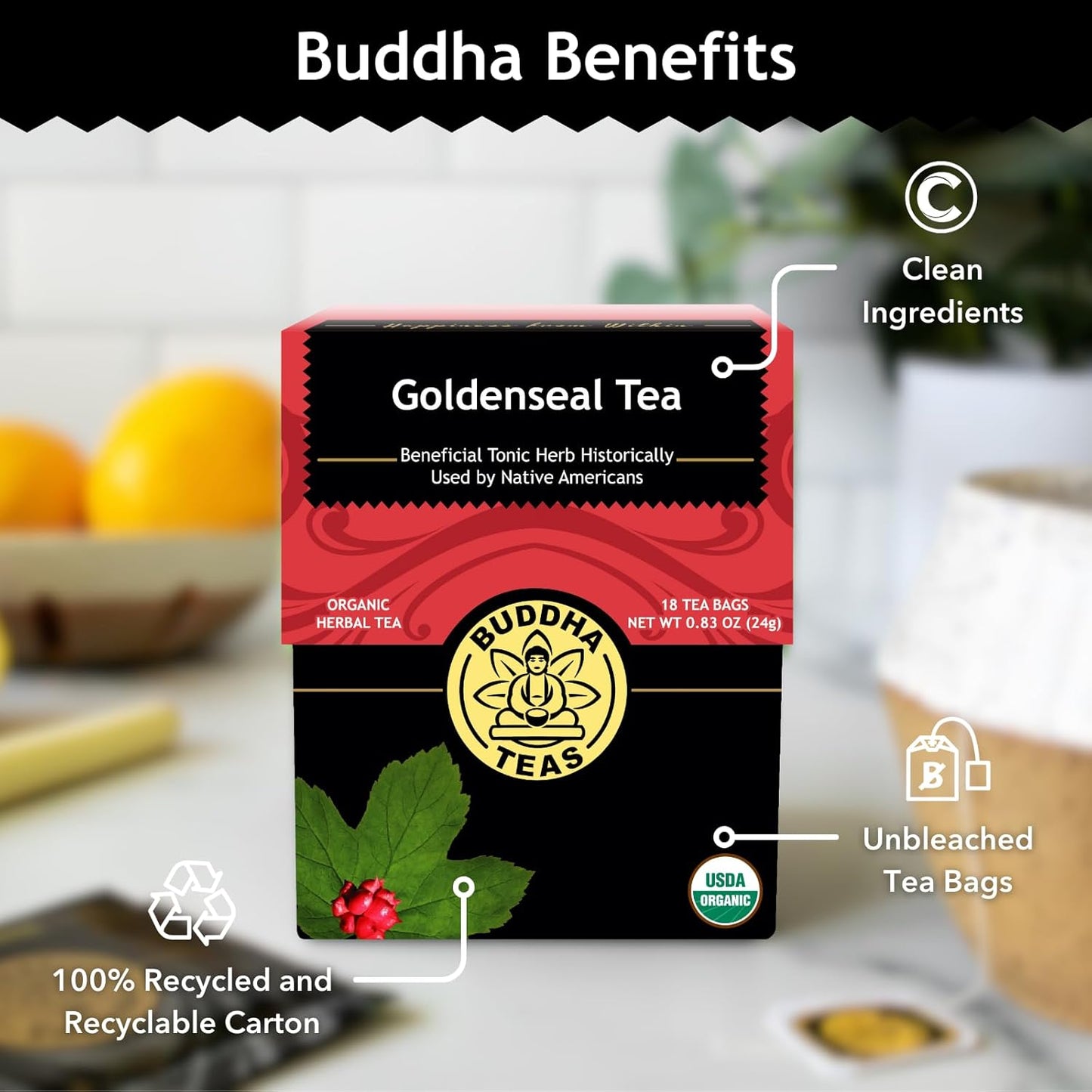 Buddha Teas Organic Goldenseal Tea - OU Kosher, USDA Organic, CCOF, 18 Bleach-Free Tea Bags