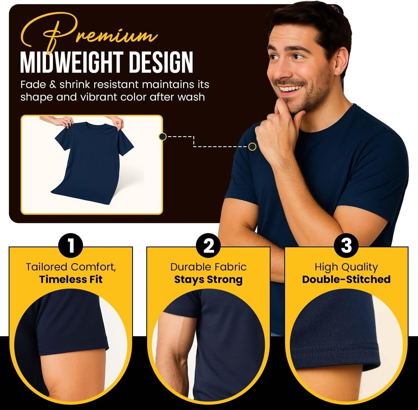 Men's Short Sleeve Crewneck T-Shirt 100% Cotton - Classic Colors - Breathable Mesh Fabric - Ideal for Sports & Everyday Wear