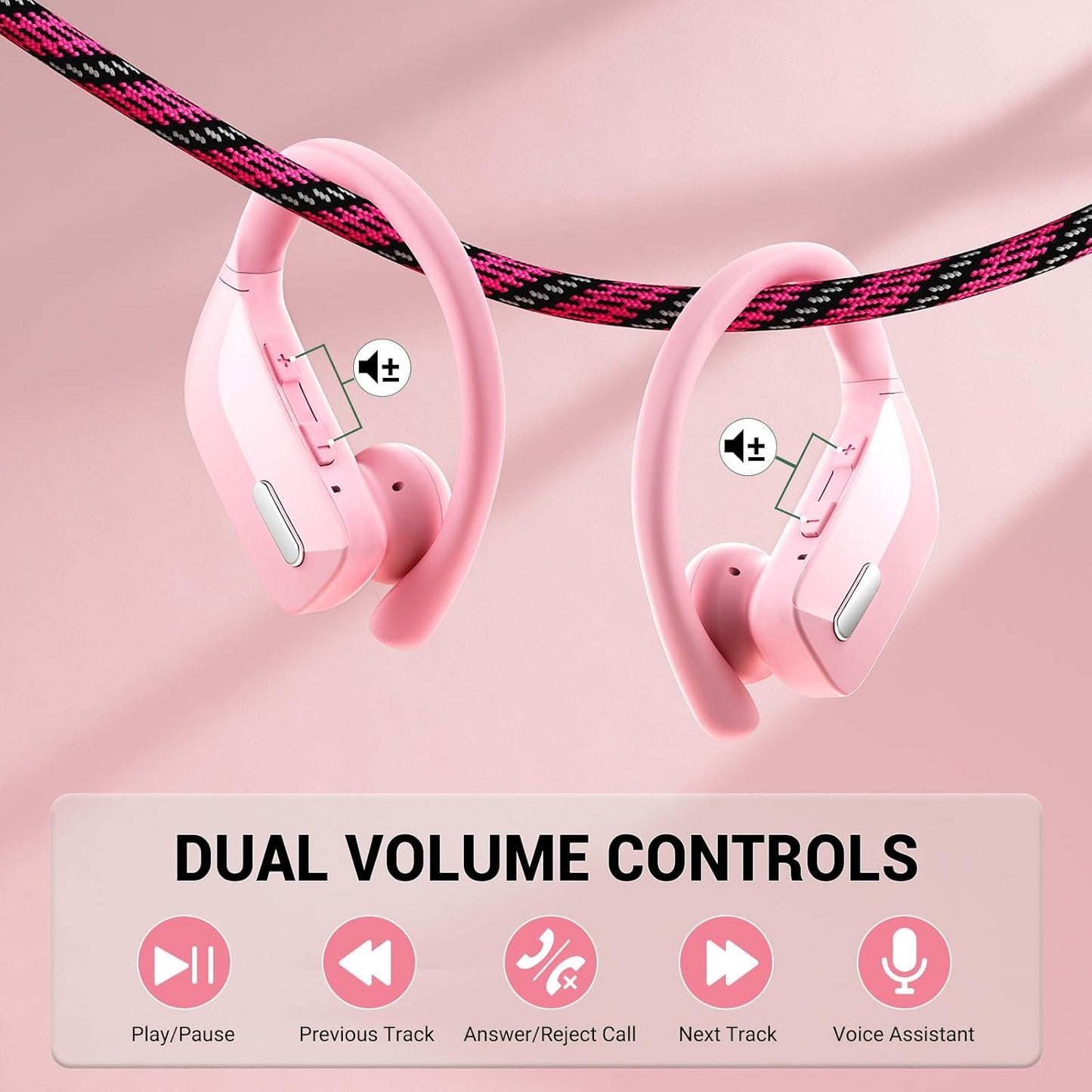 Wireless Sport Earbuds Bluetooth Headphones with Mic 80H Playtime IPX5 Waterproof Ear Buds Deep Bass Earphones Over Ear Headset for Running Gym Workout - Pink