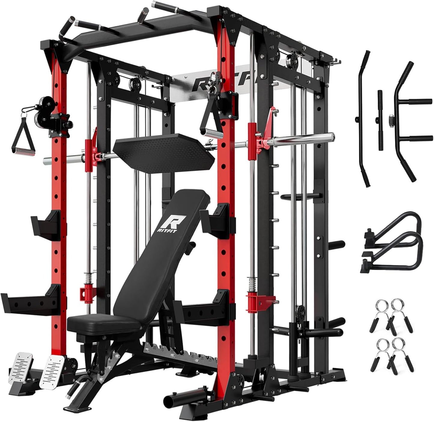RitFit Buffalo Smith Machine, Power cage with LAT-Pull Down System & Cable Crossover System, All-in-One Squat Rack for Home Gym, Power Rack