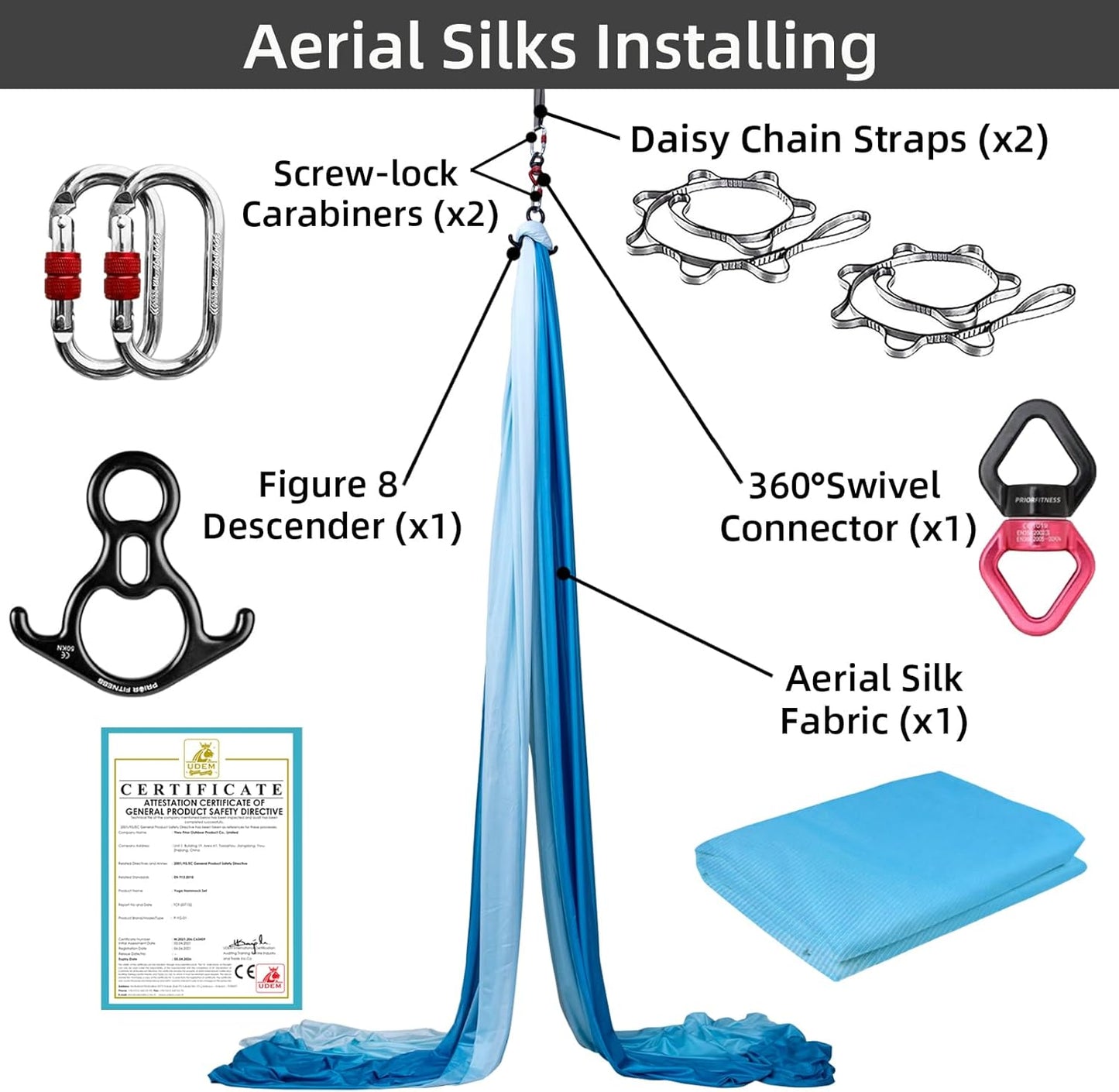 PRIOR FITNESS Aerial Silks Kit Colorful 9/15/20 Yards 40D Nylon Fabric Hammock Set With Hardware & Guide for All Levels Of Aerial Yoga Practice and Acrobatic Flying For Adults Aerial silk