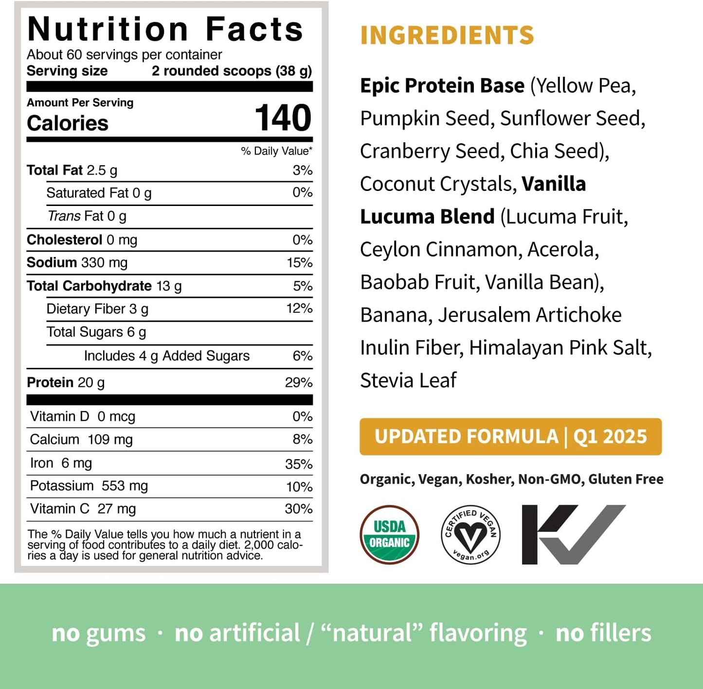 Sprout Living Epic Protein, Plant Based Protein & Superfoods Powder, Vanilla Lucuma Powder | 20 Grams Organic Protein Powder, Vegan, Non Dairy, Non-GMO, Gluten Free, Low Sugar (5 Pound, 60 Servings)