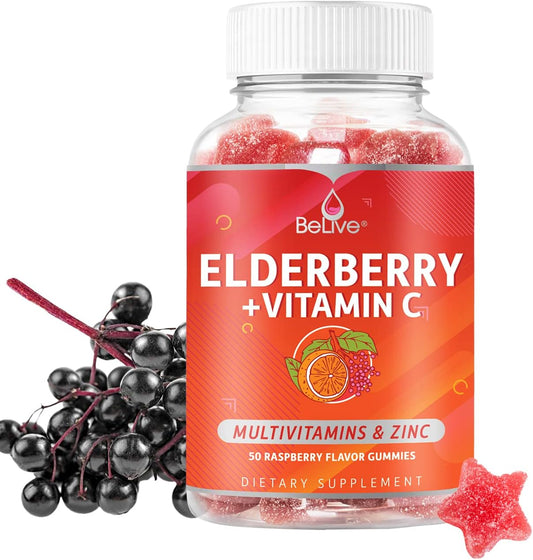 BeLive Elderberry Gummies with Zinc and Vitamin C, D, A, E, B12-50 Ct I Immune Support Supplement for Healthy Bones & Teeth, Vegan, Keto & Non-GMO - Raspberry Flavor