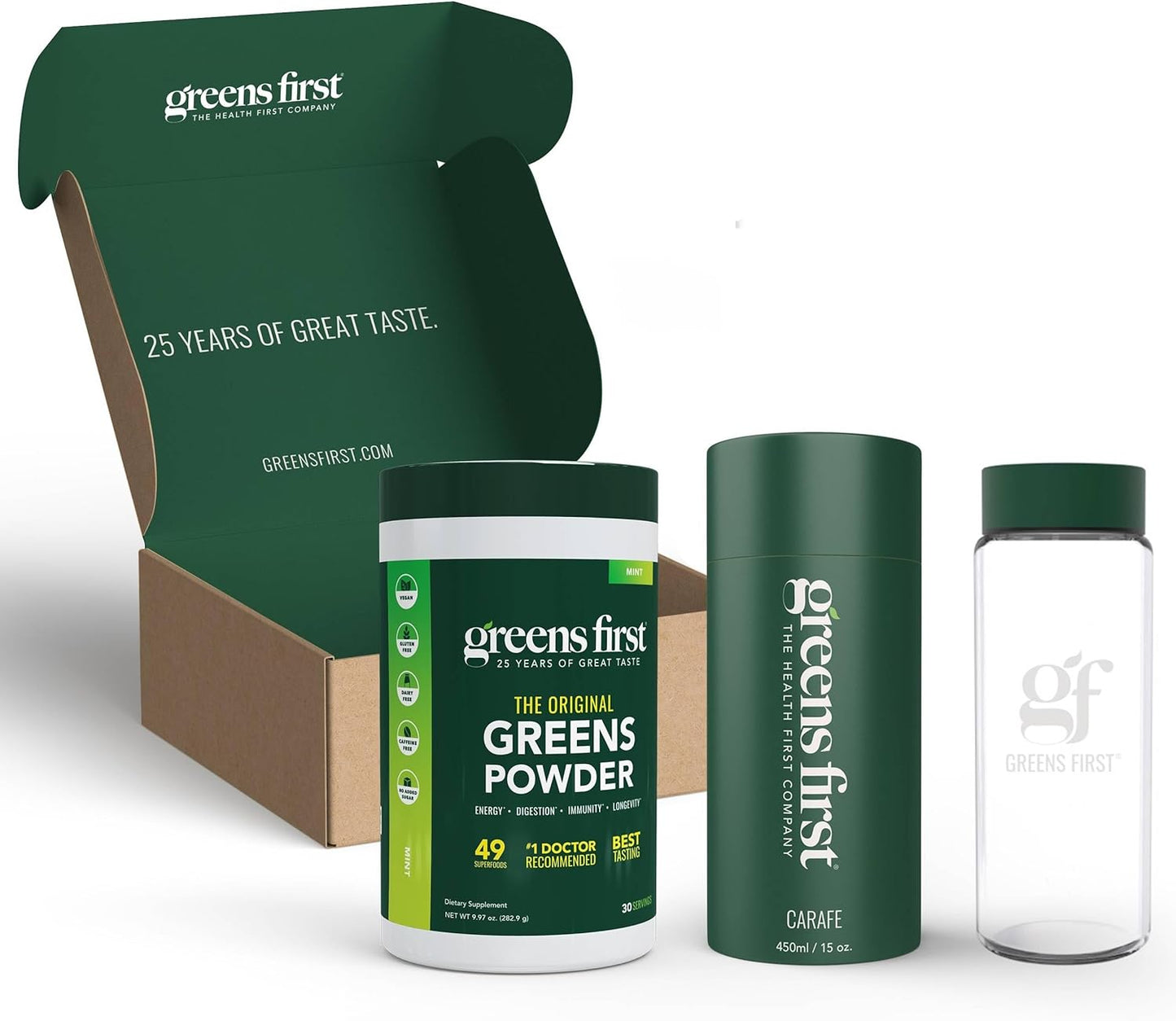 Greens First Gift Set - Limited Edition Glass Carafe & Organic Greens Powder - 49 Superfoods - Prebiotics, Probiotics & Digestive Enzymes - Dairy Free, Vegan & Non-GMO (Mint, 30 Servings)