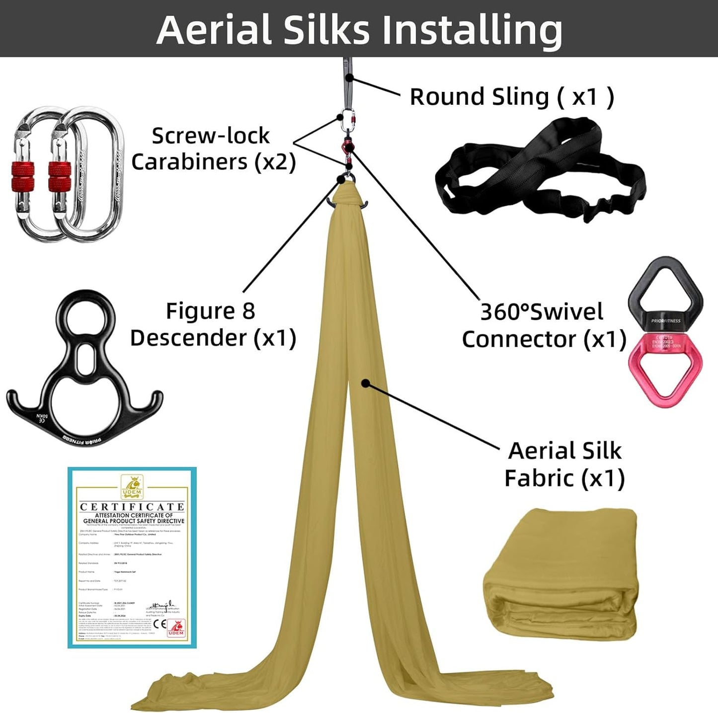 PRIOR FITNESS Aerial Silks Kit Colorful 9/15/20 Yards 40D Nylon Fabric Hammock Set With Hardware & Guide for All Levels Of Aerial Yoga Practice and Acrobatic Flying For Adults Aerial silk